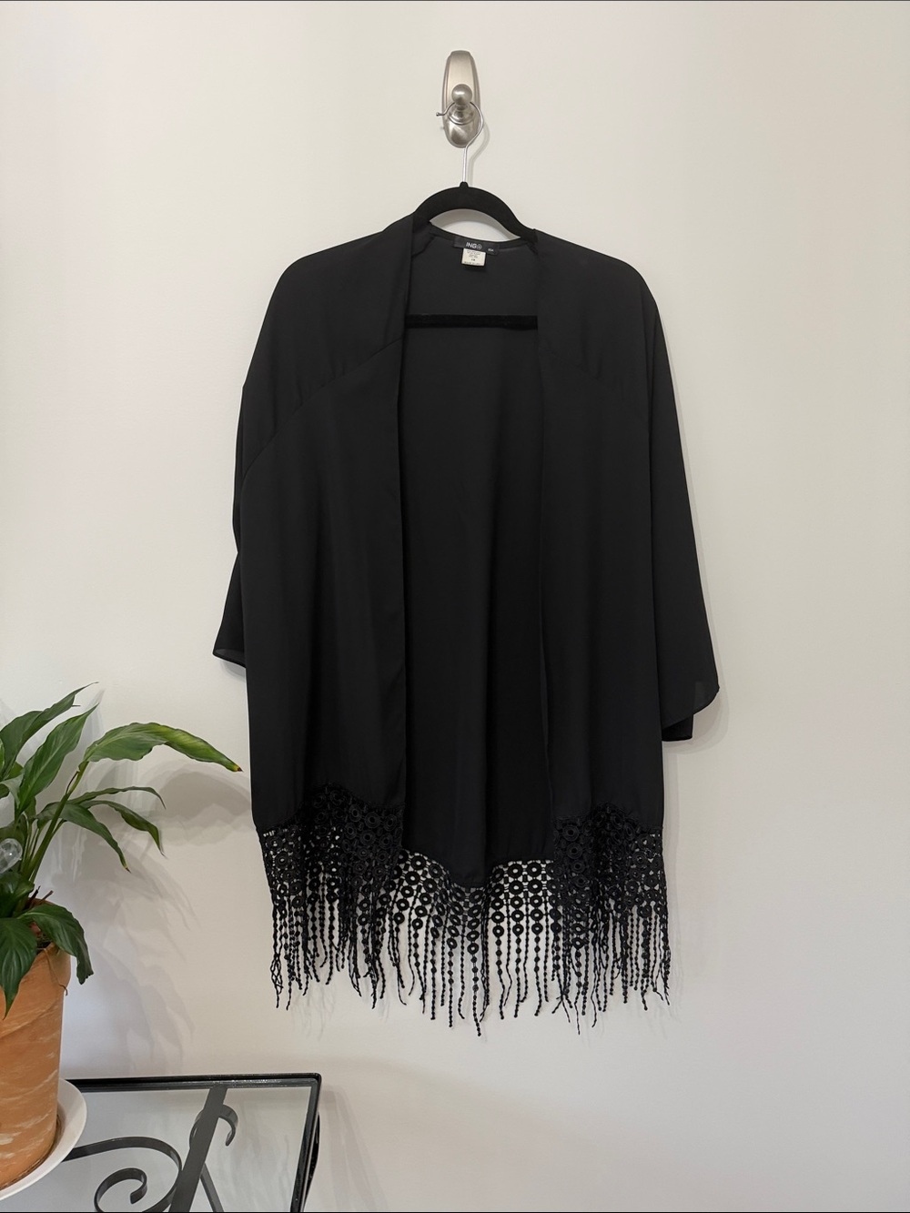 ING + Women Black Fringe Trim Sheer Kimono Cardigan Plus Size 1X